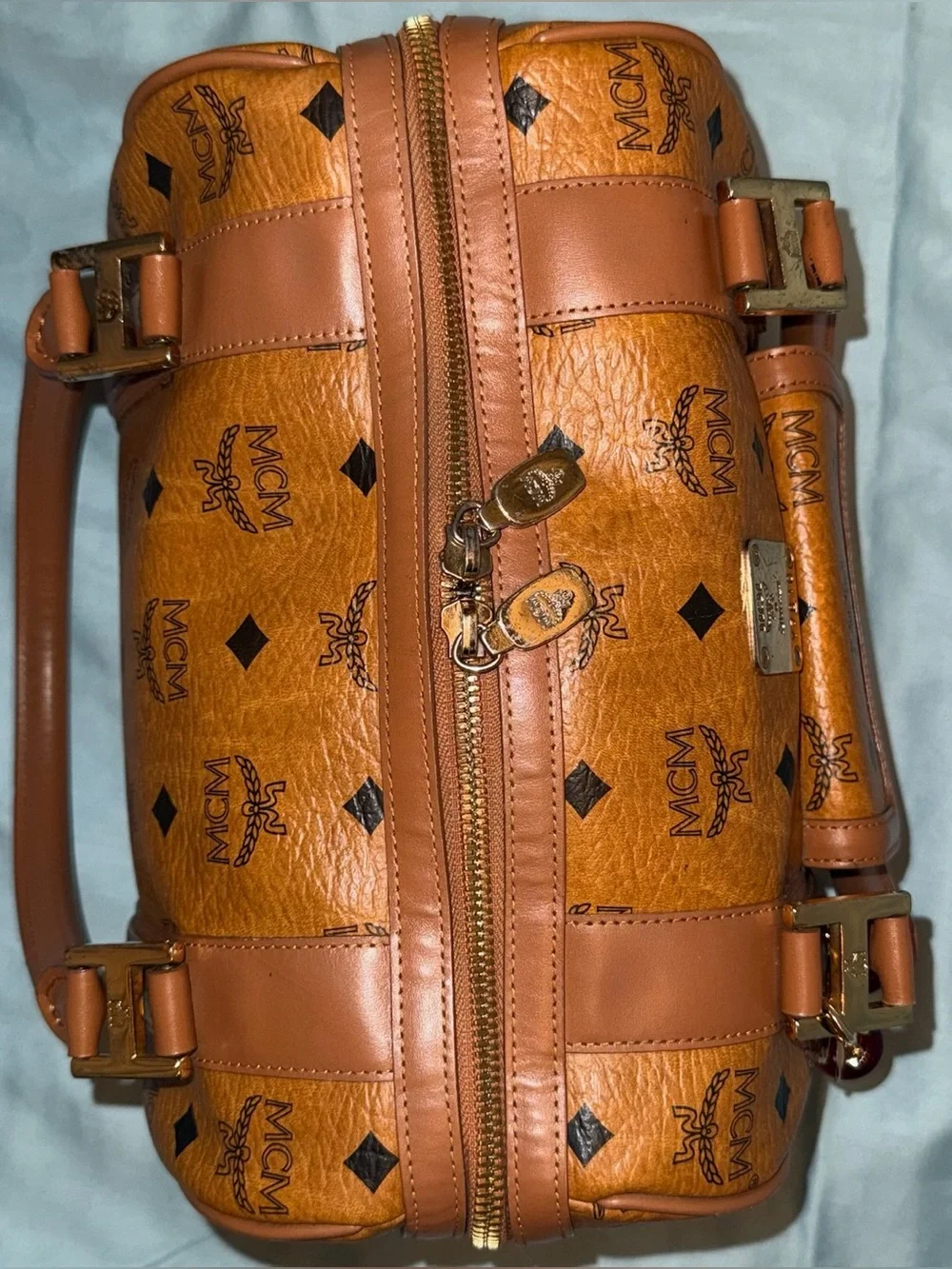 MCM Authentic Cognac Logo Visetos Boston Satchel with Gold Hardware